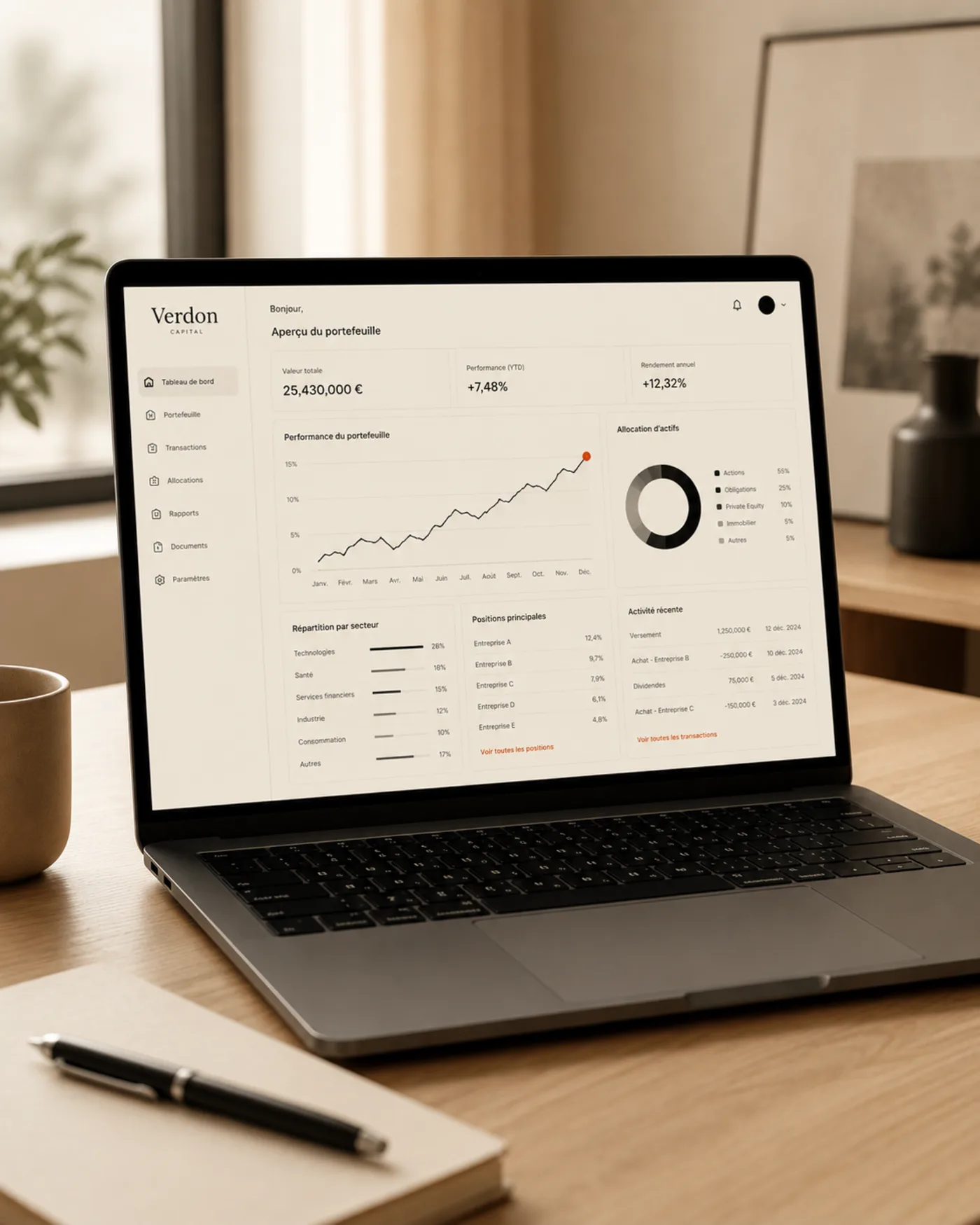 Portail investisseurs Verdon Capital, tableau de bord financier sur ordinateur portable