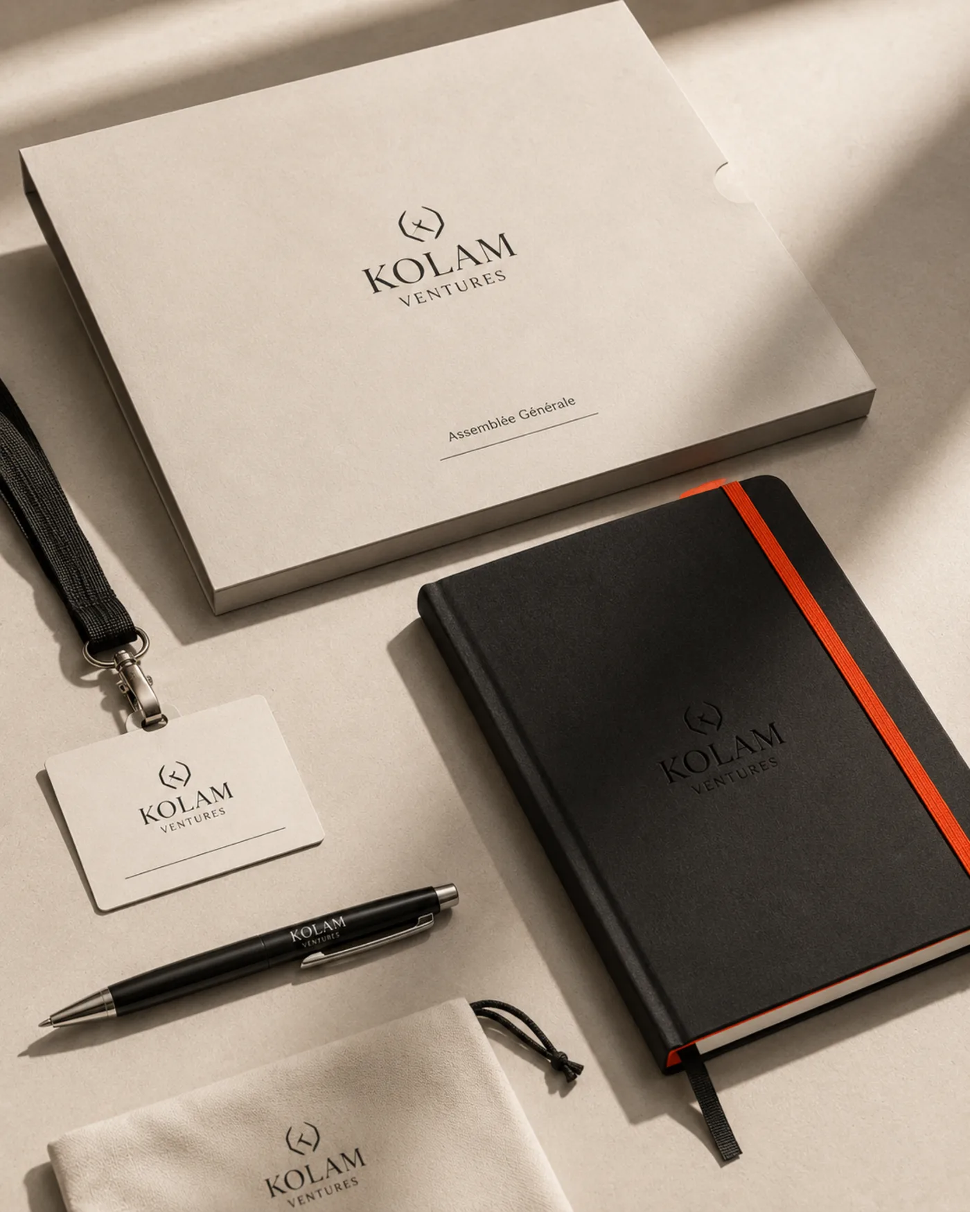 Kit d'assemblée générale Kolam Ventures : pochette, carnet et badge