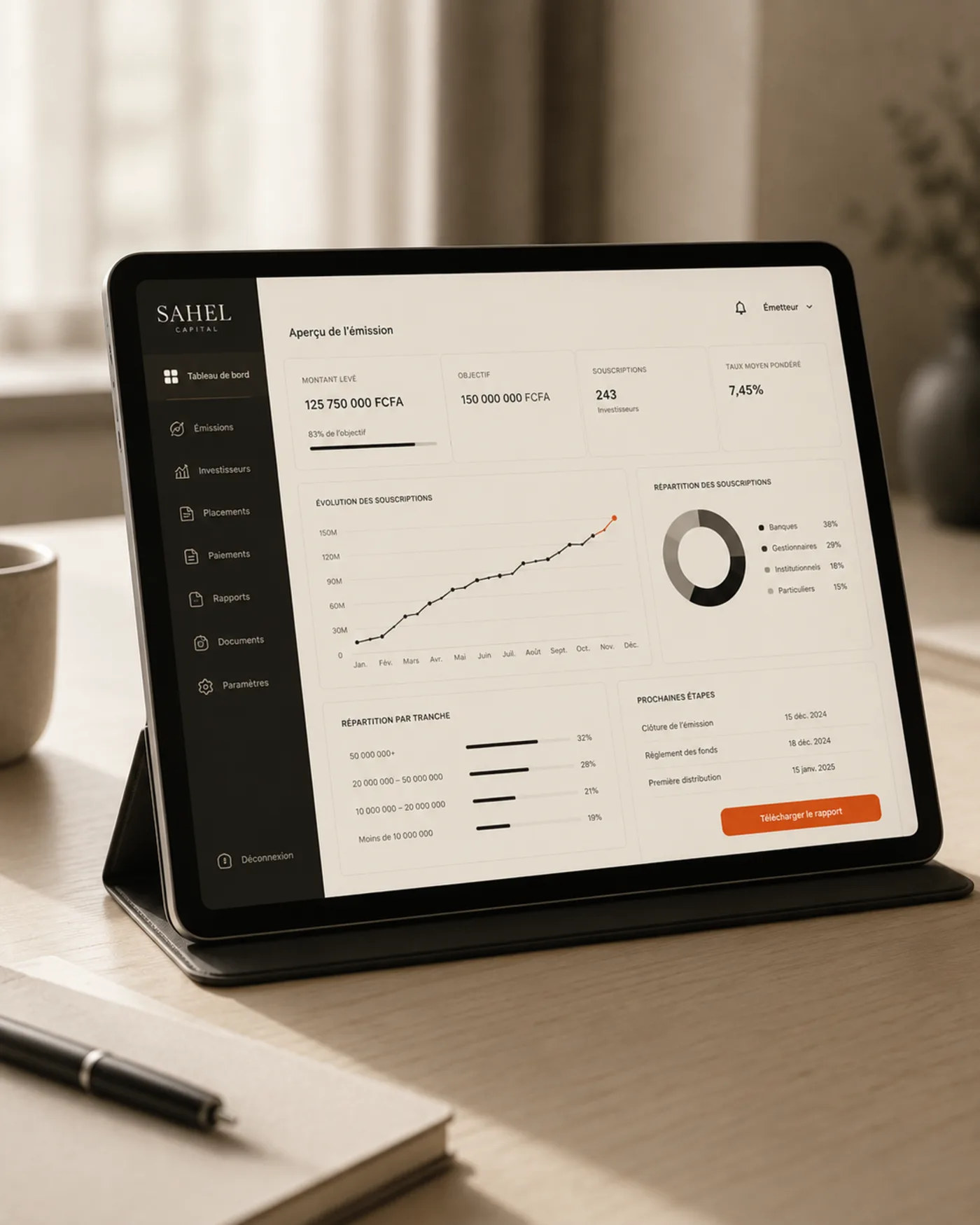 Portail émetteur Sahel Capital, interface de suivi d'émission sur tablette