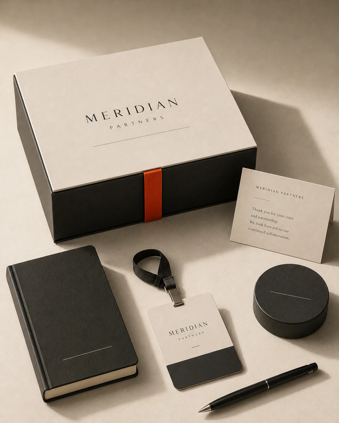 Kit investisseurs Meridian Partners : coffret, carnet et carte d'accompagnement
